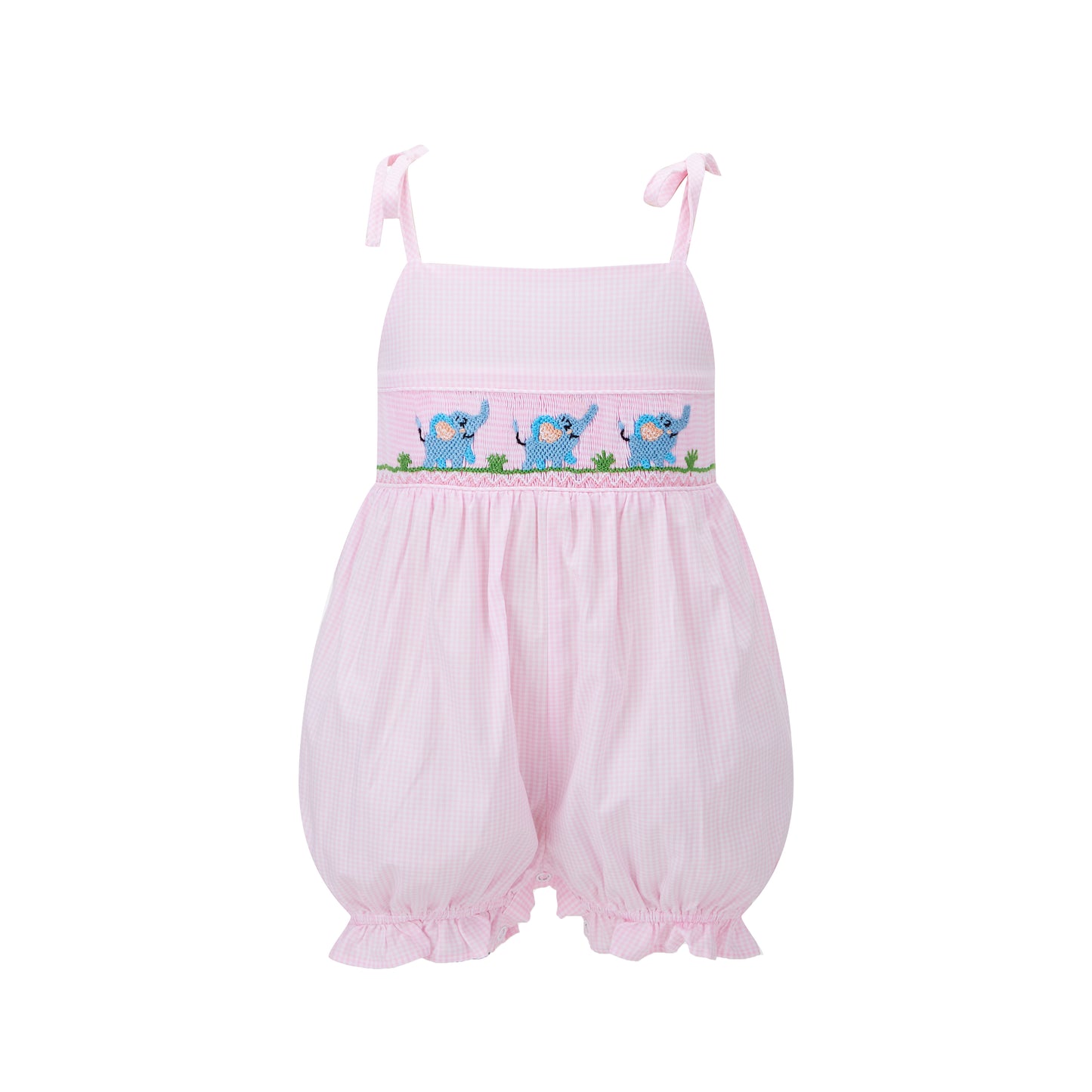 Elephant Baby Pink Gingham Smocked Romper