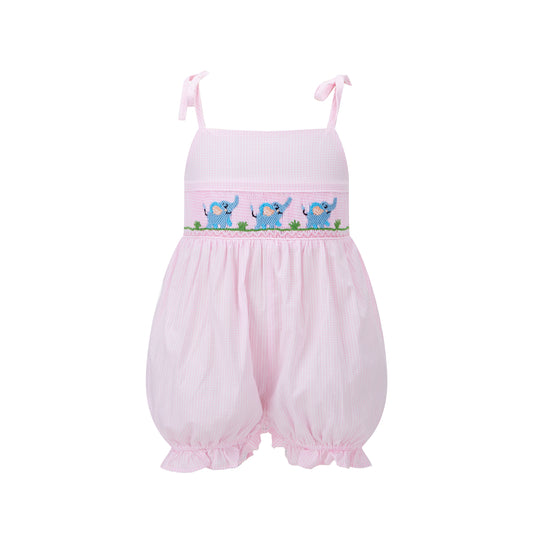 Elephant Baby Pink Gingham Smocked Romper